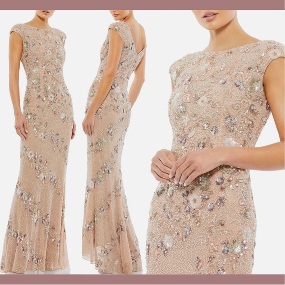 NWT $698‎ Mac Duggal [ 16 ] Embellished V-Neck Cap Sleeve Gown Peach-Nude #G1243 - Picture 1 of 15
